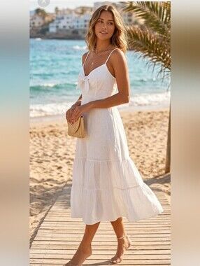 Aakaa Sleeveless Boho Style Midi Dress Eggshell White Sz L NWOT